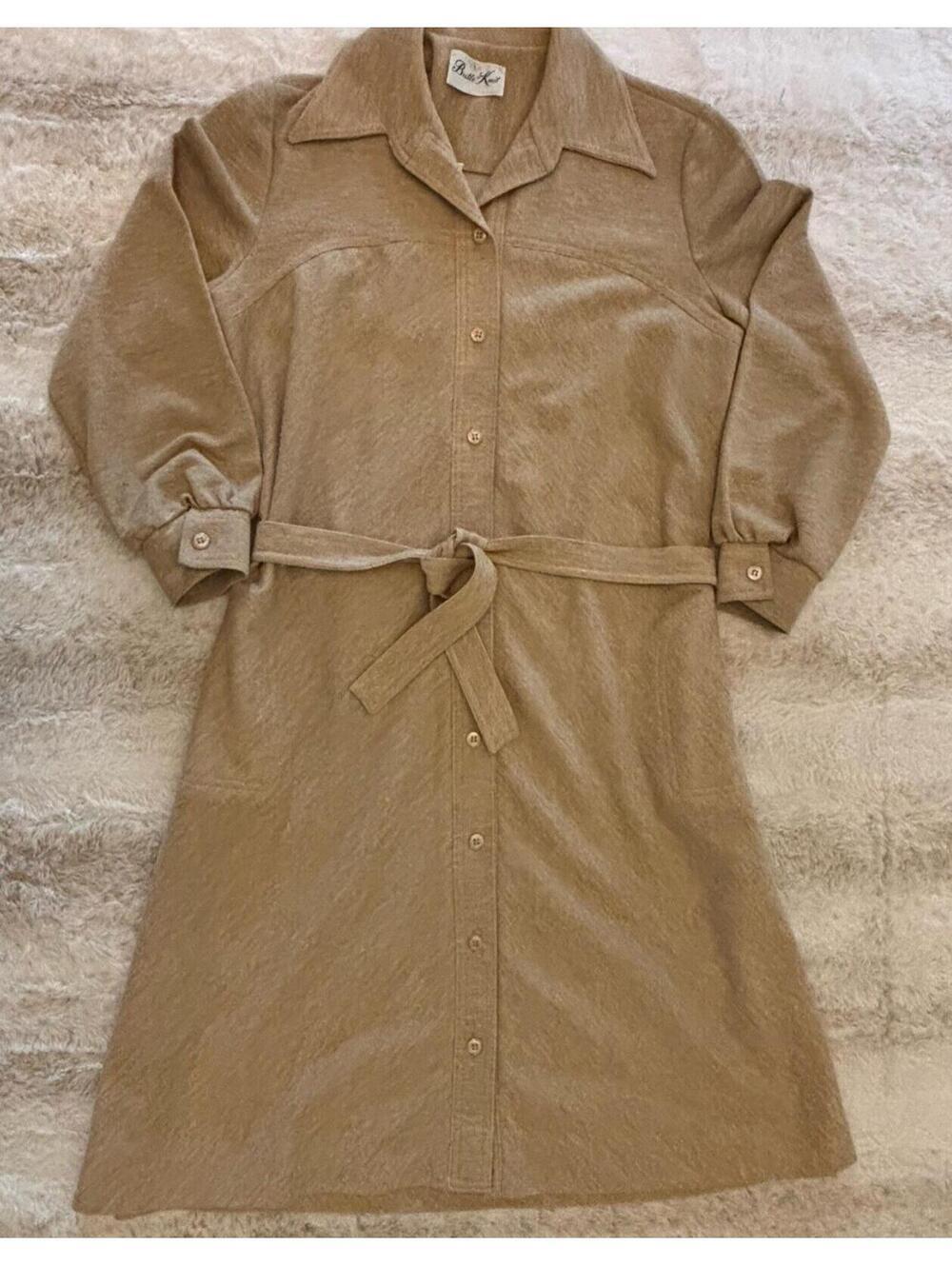 Vintage Butte Knit Sweater Dress ILGWU Tan Belted Collared Retro